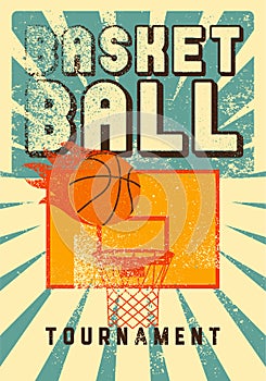 Basketball tournament typographical vintage grunge style poster design. Ball with flame. Retro vector illustration.